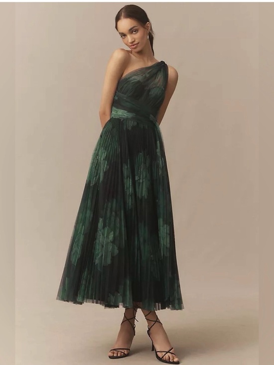 Hutch Dresses & Skirts - Hutch One-Shoulder Dark Green Floral Pleated Maxi Dress